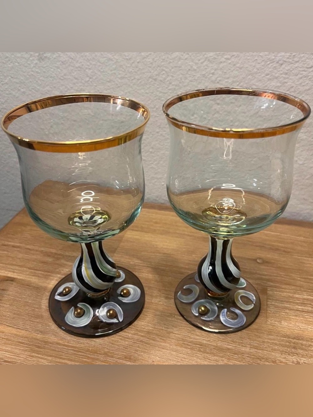 Mackenzie Childs pair Tango Goblet 12oz Glass hand painted